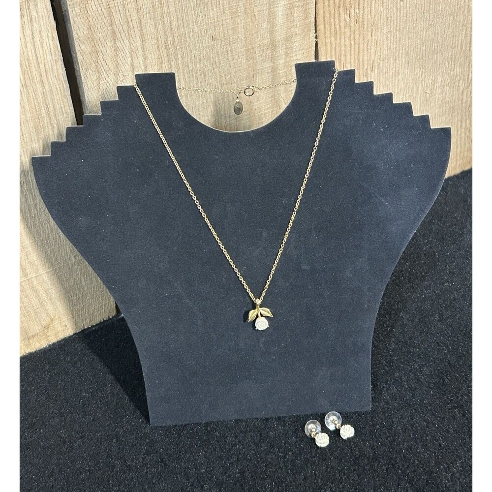 Vintage Park Lane Signed Gold Tone Necklace and Pierced Earrings White Rose J276